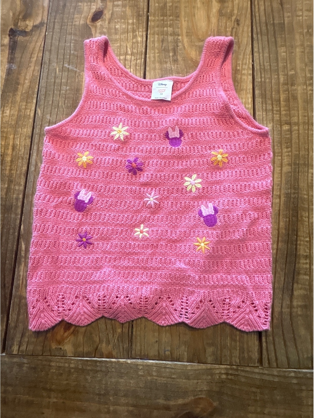 Disney Minnie Mouse Jumping Beans Pink Knit Tank Top Embroidered Flowers Size 10